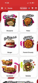 Application de commande en ligne OIESATIS - écran d'accueil avec catégories de menu