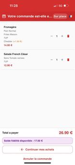 Application de commande en ligne OIESATIS - panier avec total à payer et fidélité