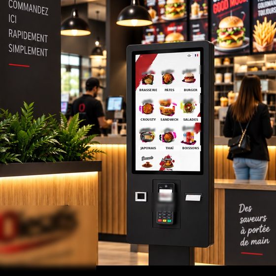 Borne de commande tactile OIESATIS avec menu en situation de restaurant
