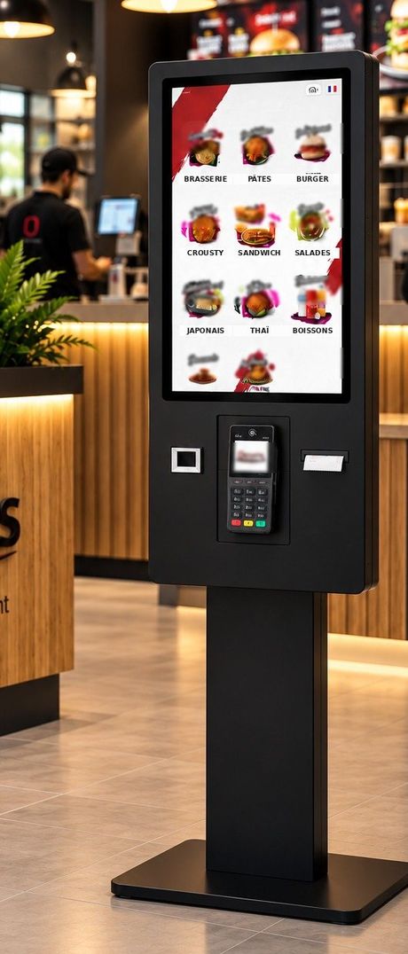 Borne de commande tactile sur pied OIESATIS 32 pouces installée en fast-food